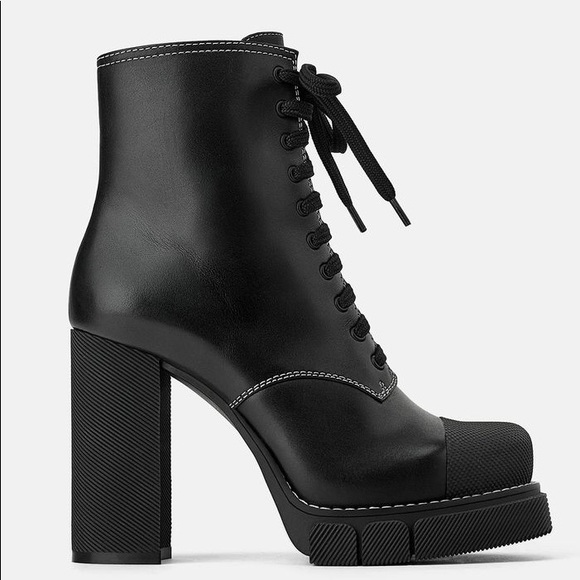 Zara Shoes - Zara Leather High Heel Ankle Boots Lug Soles Black